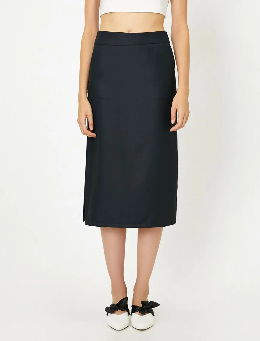 11887 Navy Slit Detailed Midi Skirt