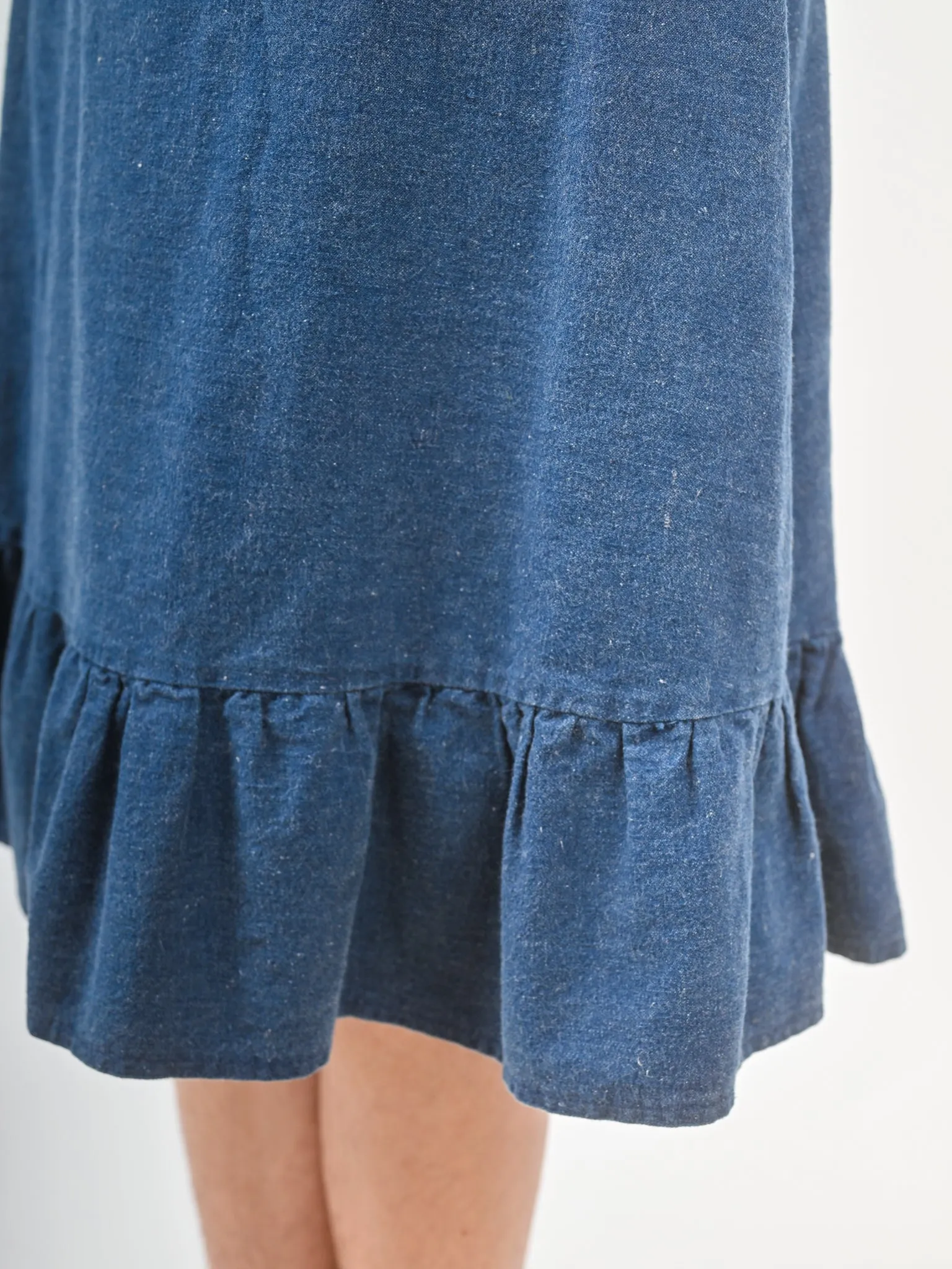 1970s Darkwash Denim Tiered Ruffle Midi Skirt