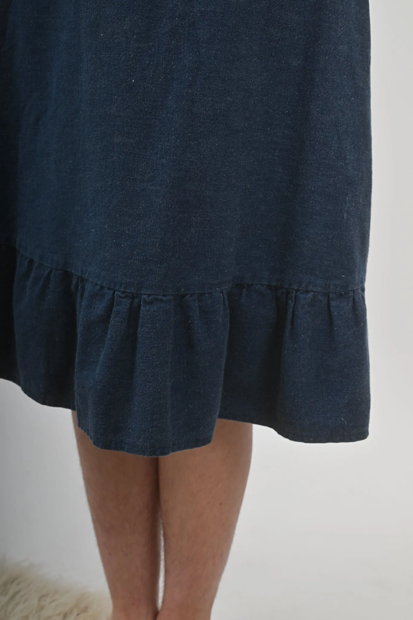 1970s Darkwash Denim Tiered Ruffle Midi Skirt