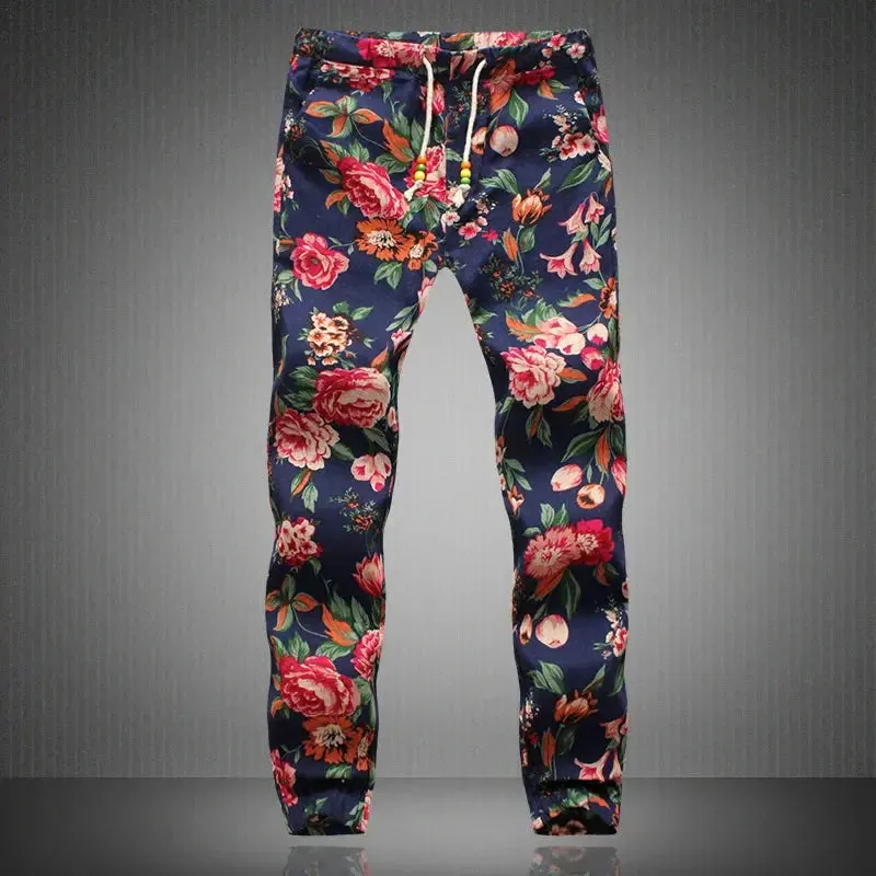 2024 New Fashion Summer Spring Autumn Men Floral Print Joggers Male Casual Summer Pants Mens Sweatpants Linen Pants Men Trouser