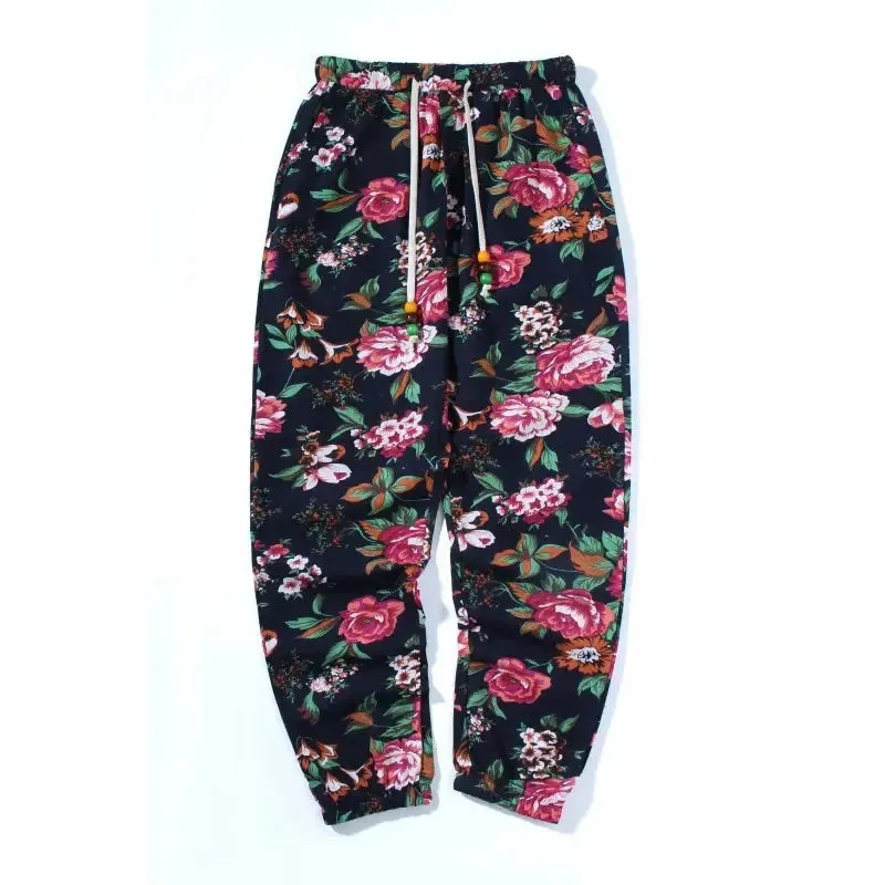 2024 New Fashion Summer Spring Autumn Men Floral Print Joggers Male Casual Summer Pants Mens Sweatpants Linen Pants Men Trouser