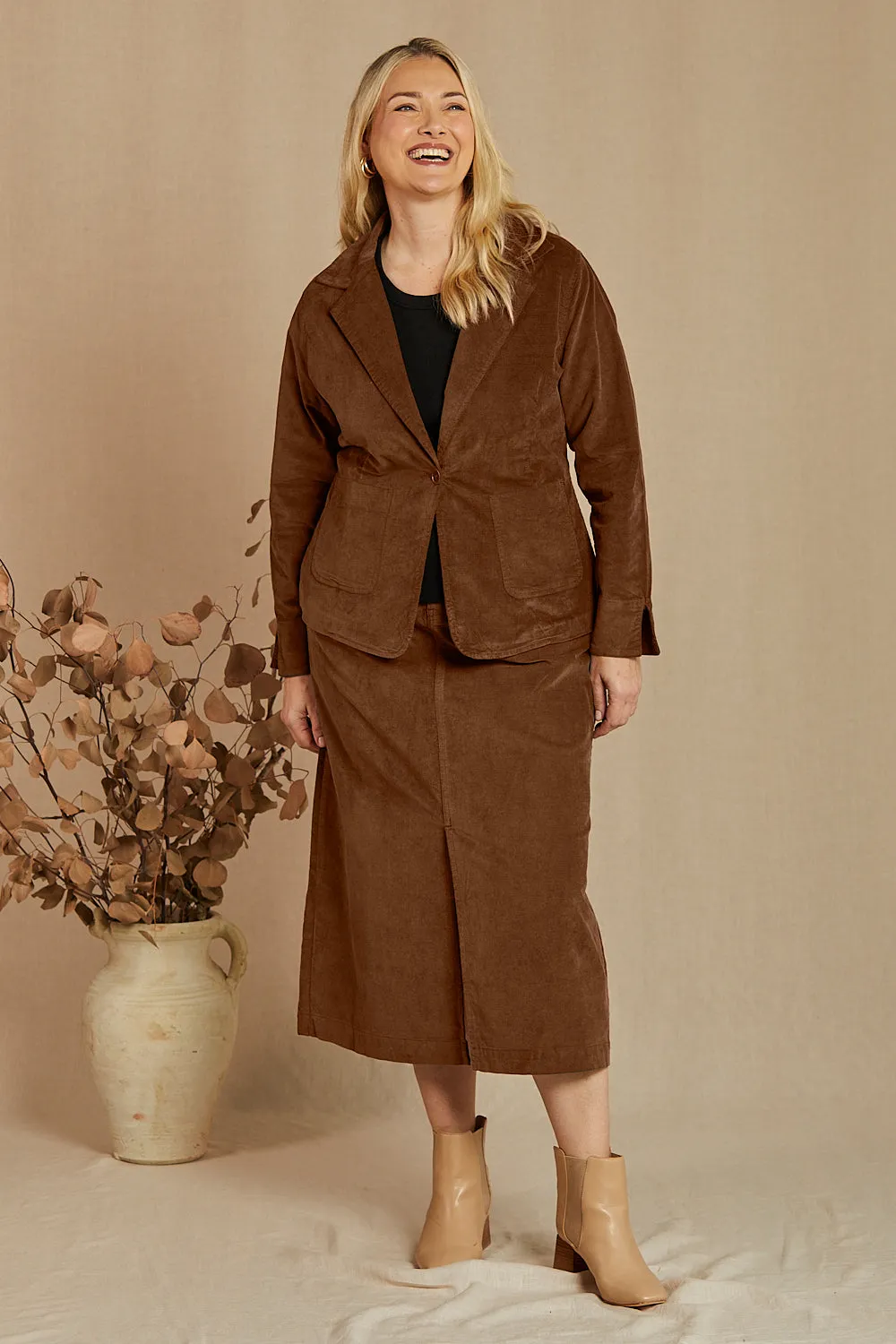 Adrift Split Brushed Cotton Skirt in Chocolate