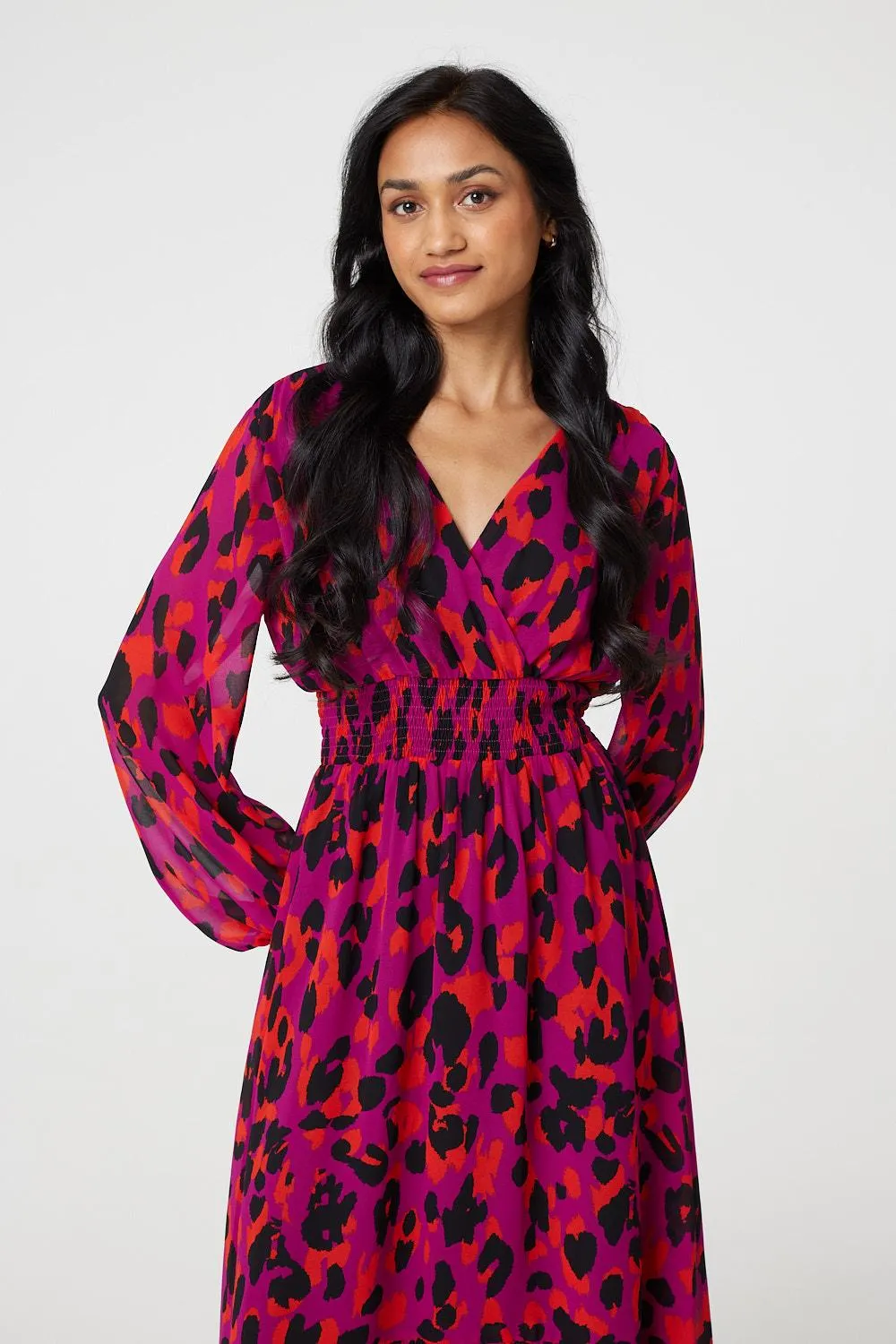 Animal Print V-Neck Curve Hem Midi Dress