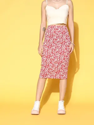 Berrylush Women Red & White Floral Printed Slip-On Straight Hem Pencil Midi Skirt