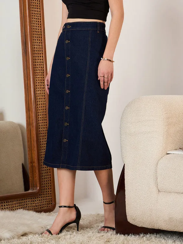 Berrylush Women Solid Navy Blue High-Rise Waist Denim Button-Front Straight Hem Knitted Midi Skirt