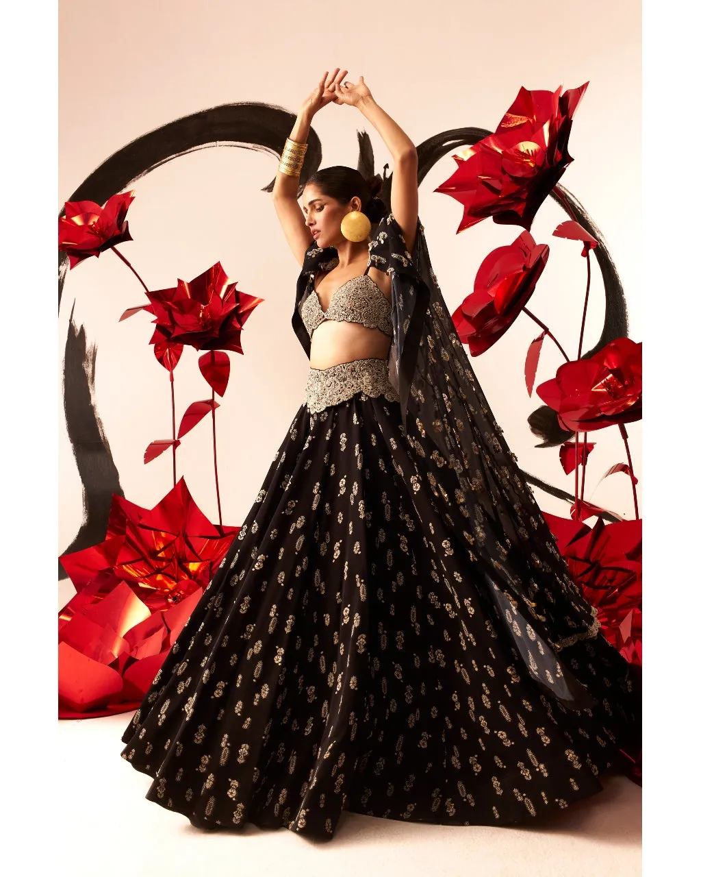 Black Floret Lehenga & Cape Set