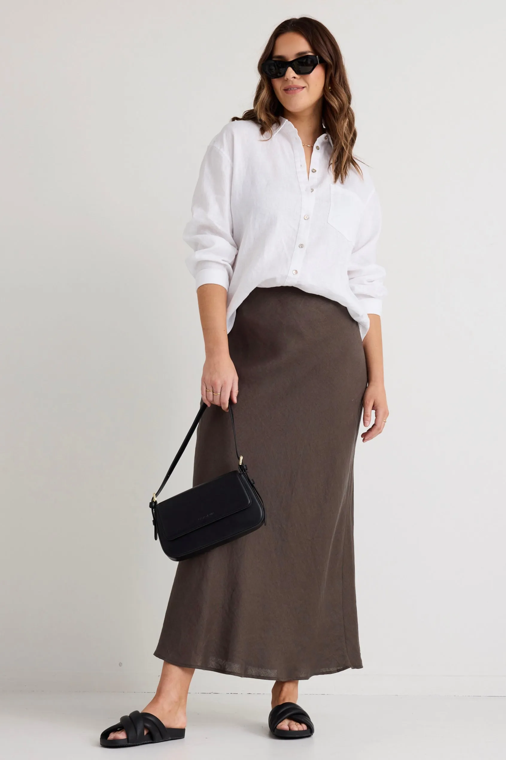 Bliss Dark Olive Linen Bias Midi Skirt