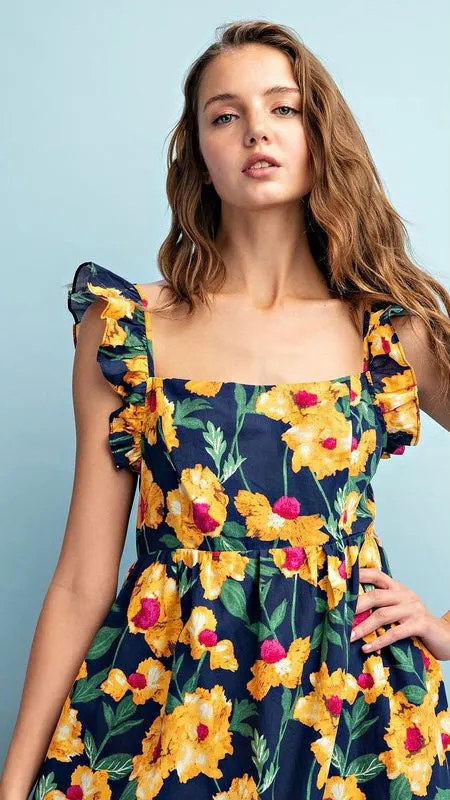 Bold Floral Square Neck Midi Dress