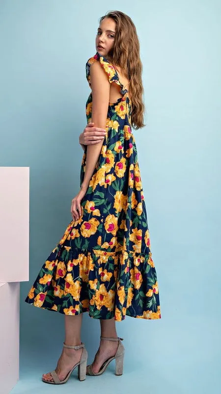 Bold Floral Square Neck Midi Dress