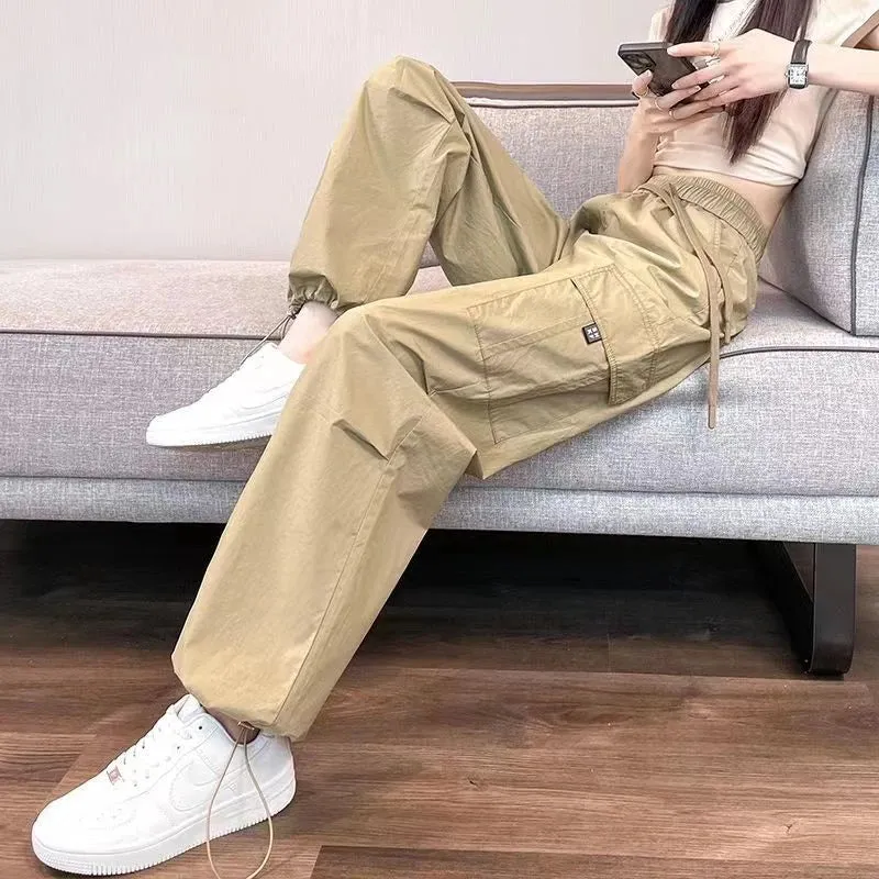 Bonnyshow Casual Joggers Cargo Pants for Women Solid High Waist Pants Drawstring Wide Leg Baggy Trousers Y2k Streetwear Slim Sweatpants