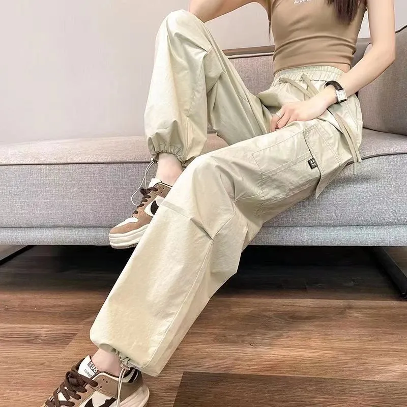 Bonnyshow Casual Joggers Cargo Pants for Women Solid High Waist Pants Drawstring Wide Leg Baggy Trousers Y2k Streetwear Slim Sweatpants