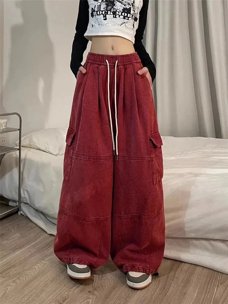 Bonnyshow Korean Y2K Fashion Drawstring Casual Baggy Cargo Jeans Pants Women Clothing Straight Wide Leg Sweatpants Female Trousers