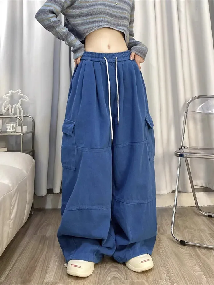 Bonnyshow Korean Y2K Fashion Drawstring Casual Baggy Cargo Jeans Pants Women Clothing Straight Wide Leg Sweatpants Female Trousers