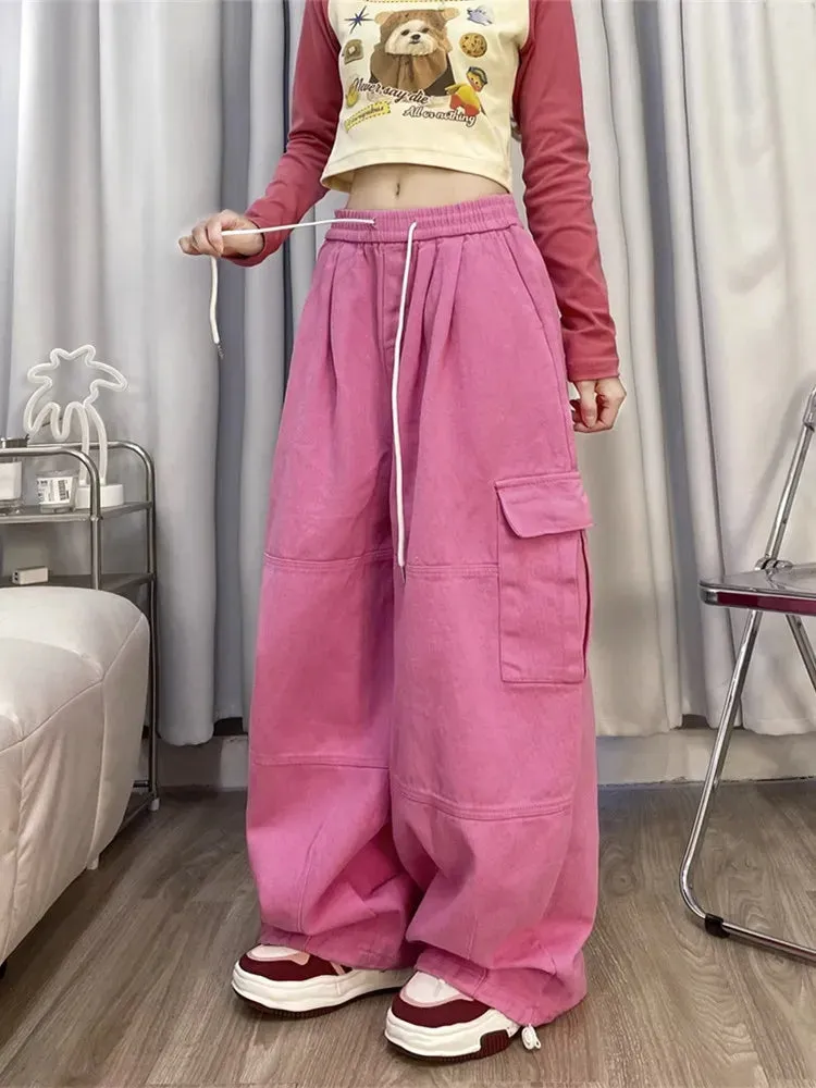 Bonnyshow Korean Y2K Fashion Drawstring Casual Baggy Cargo Jeans Pants Women Clothing Straight Wide Leg Sweatpants Female Trousers