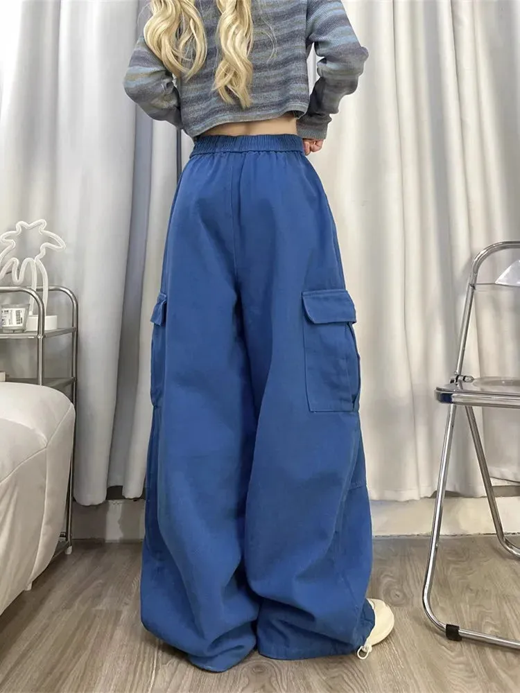 Bonnyshow-Korean Y2K Fashion Drawstring Casual Baggy Cargo Jeans Pants Women Clothing Straight Wide Leg Sweatpants Female Trousers