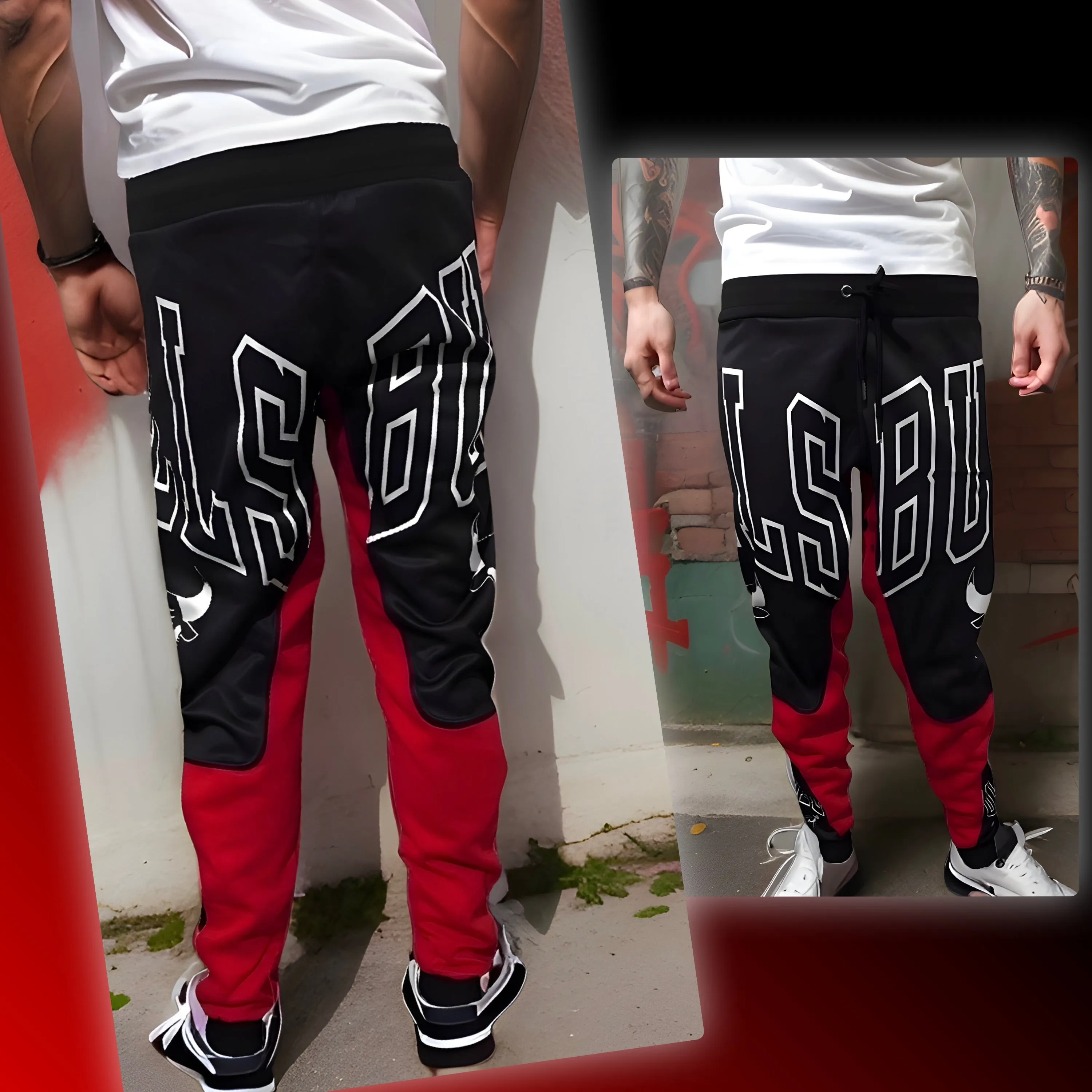 ^BULLS^ *CUT & SEW* LUXURY JOGGER SWEATPANTS (BLACK-RED)