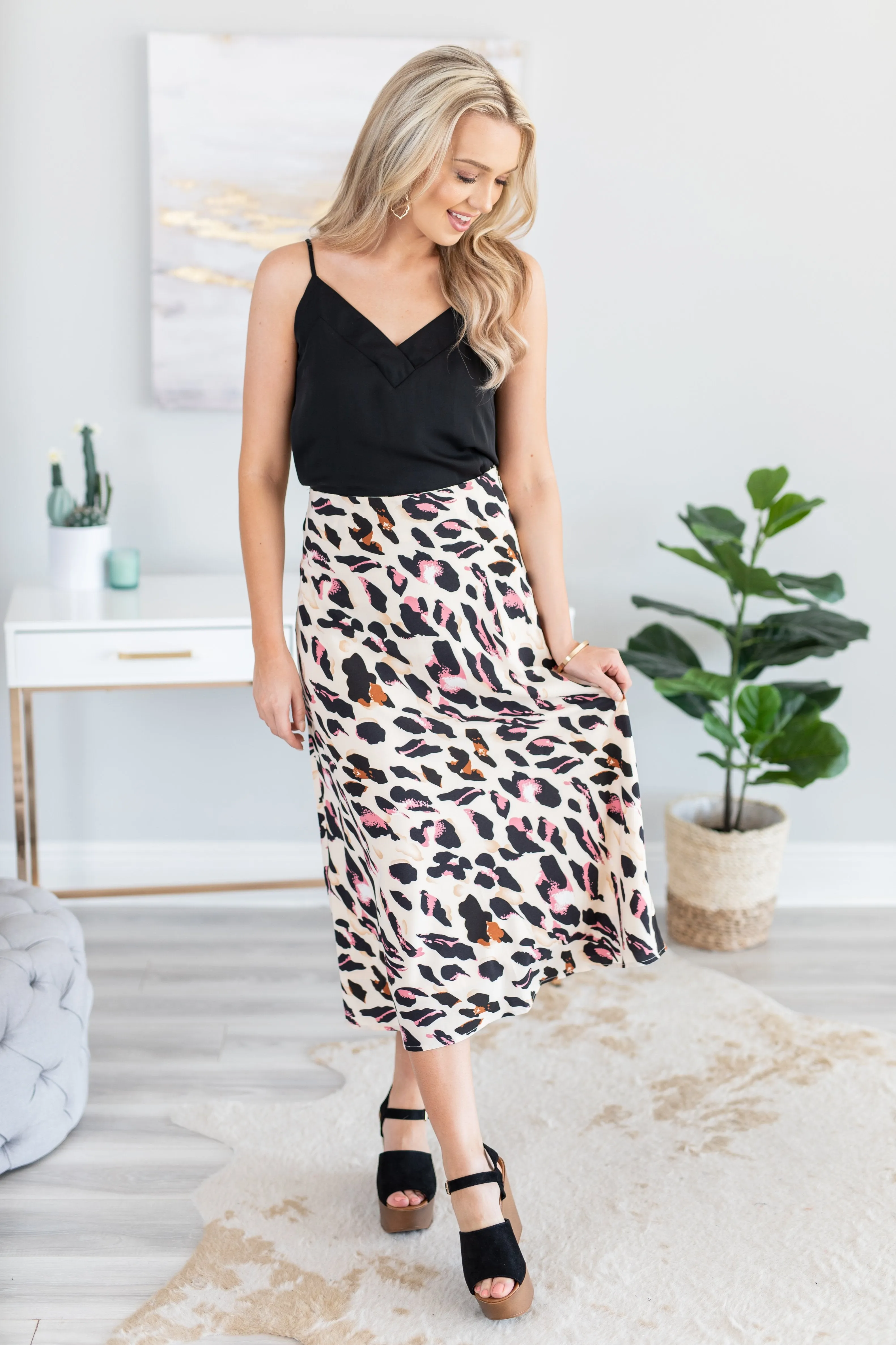 Can't Stop Me Beige Brown Leopard Midi Skirt