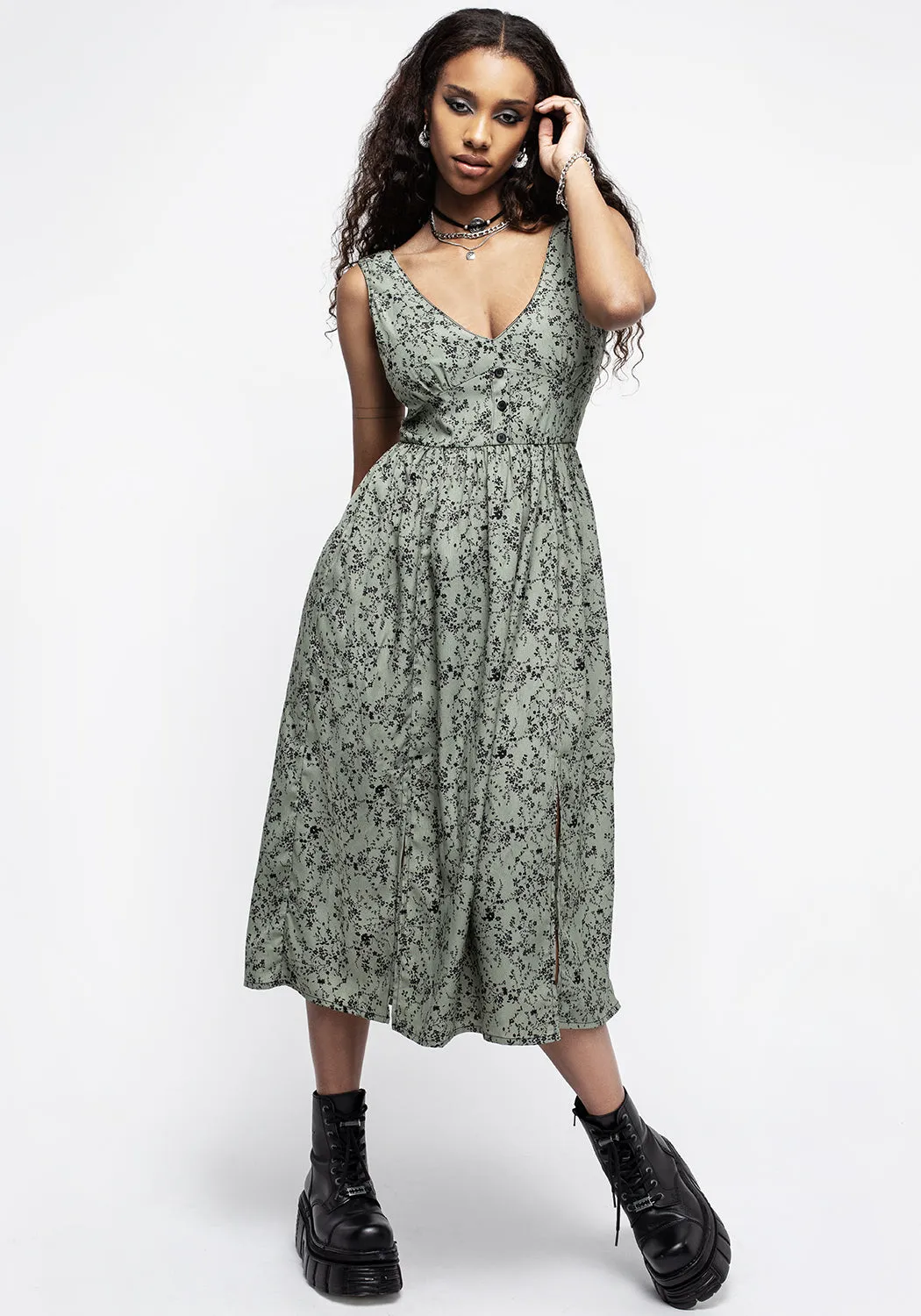 Cassie Green Floral Corset Button Midi Split Dress