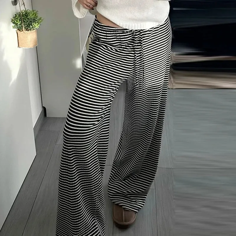 Casual Stripe Low Waist Women Pants Straight Leg Basic Drawstring Sweatpants Homewear Trousers Knitted All-Match New