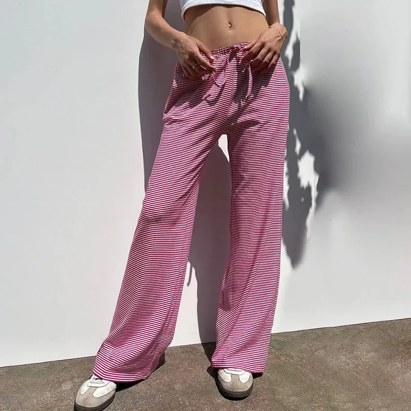 Casual Stripe Low Waist Women Pants Straight Leg Basic Drawstring Sweatpants Homewear Trousers Knitted All-Match New