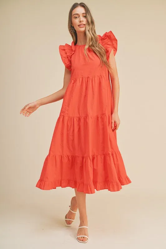 Coral Red Flutter Sleeve Tiered Midi Dress