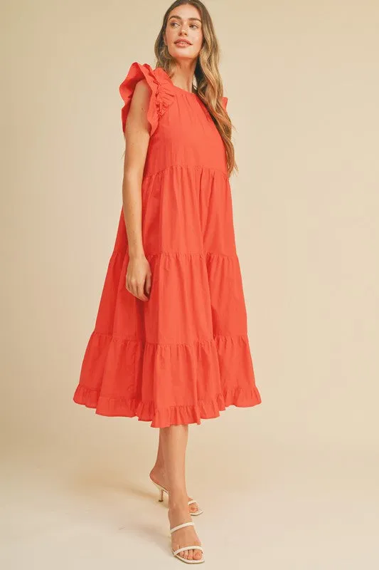 Coral Red Flutter Sleeve Tiered Midi Dress