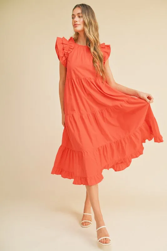 Coral Red Flutter Sleeve Tiered Midi Dress