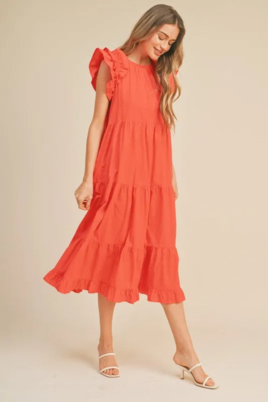 Coral Red Flutter Sleeve Tiered Midi Dress