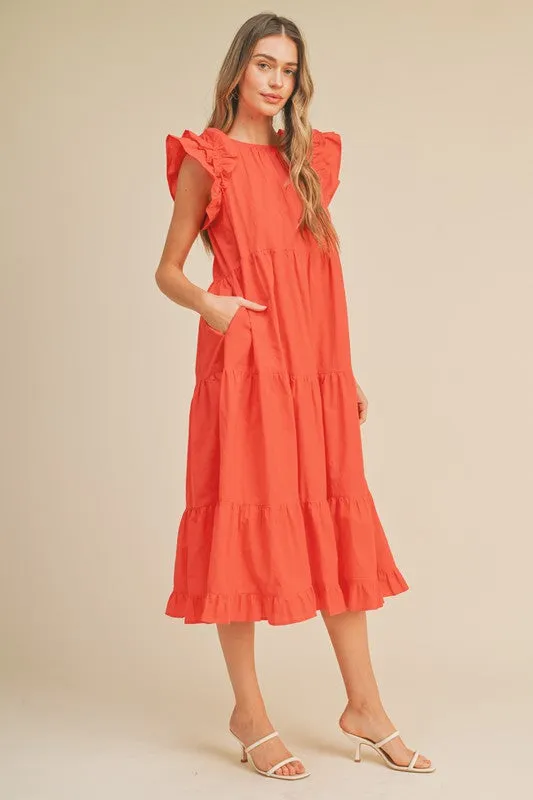 Coral Red Flutter Sleeve Tiered Midi Dress