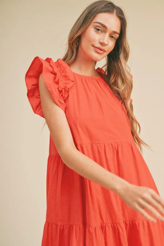 Coral Red Flutter Sleeve Tiered Midi Dress