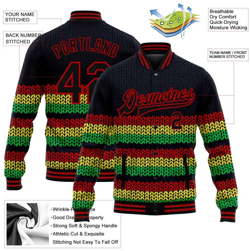 Custom Black Red Kelly Green-Gold Black History Month 3D Pattern Design Bomber Full-Snap Varsity Letterman Jacket