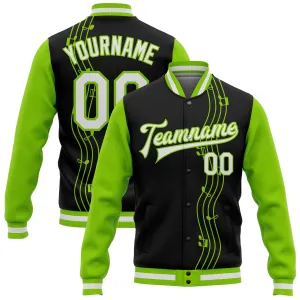 Custom Black White-Neon Green Music Festival 3D Pattern Design Bomber Full-Snap Varsity Letterman Jacket