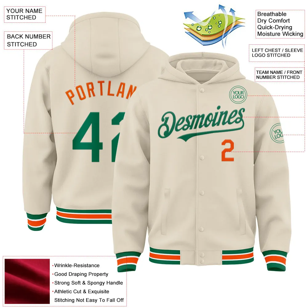 Custom Cream Kelly Green Orange-White Bomber Full-Snap Varsity Letterman Hoodie Jacket