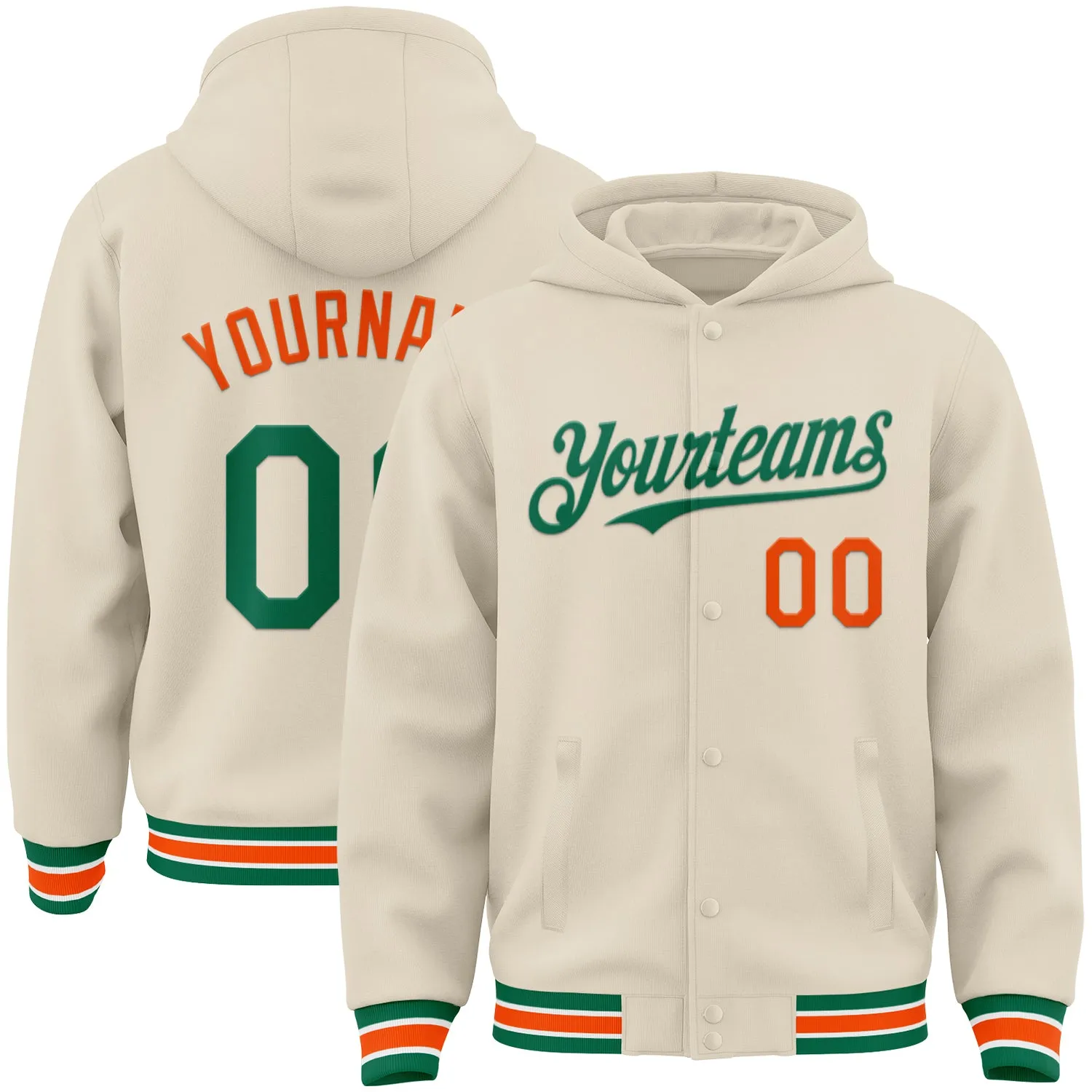 Custom Cream Kelly Green Orange-White Bomber Full-Snap Varsity Letterman Hoodie Jacket