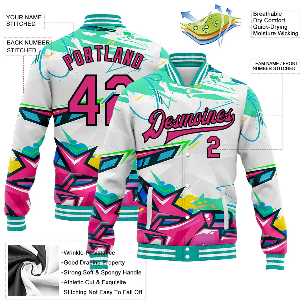 Custom Graffiti Pattern Pink-Black Abstract Splashes 3D Bomber Full-Snap Varsity Letterman Jacket