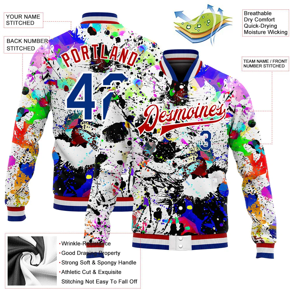 Custom Graffiti Pattern Royal-Red Splashes 3D Bomber Full-Snap Varsity Letterman Jacket