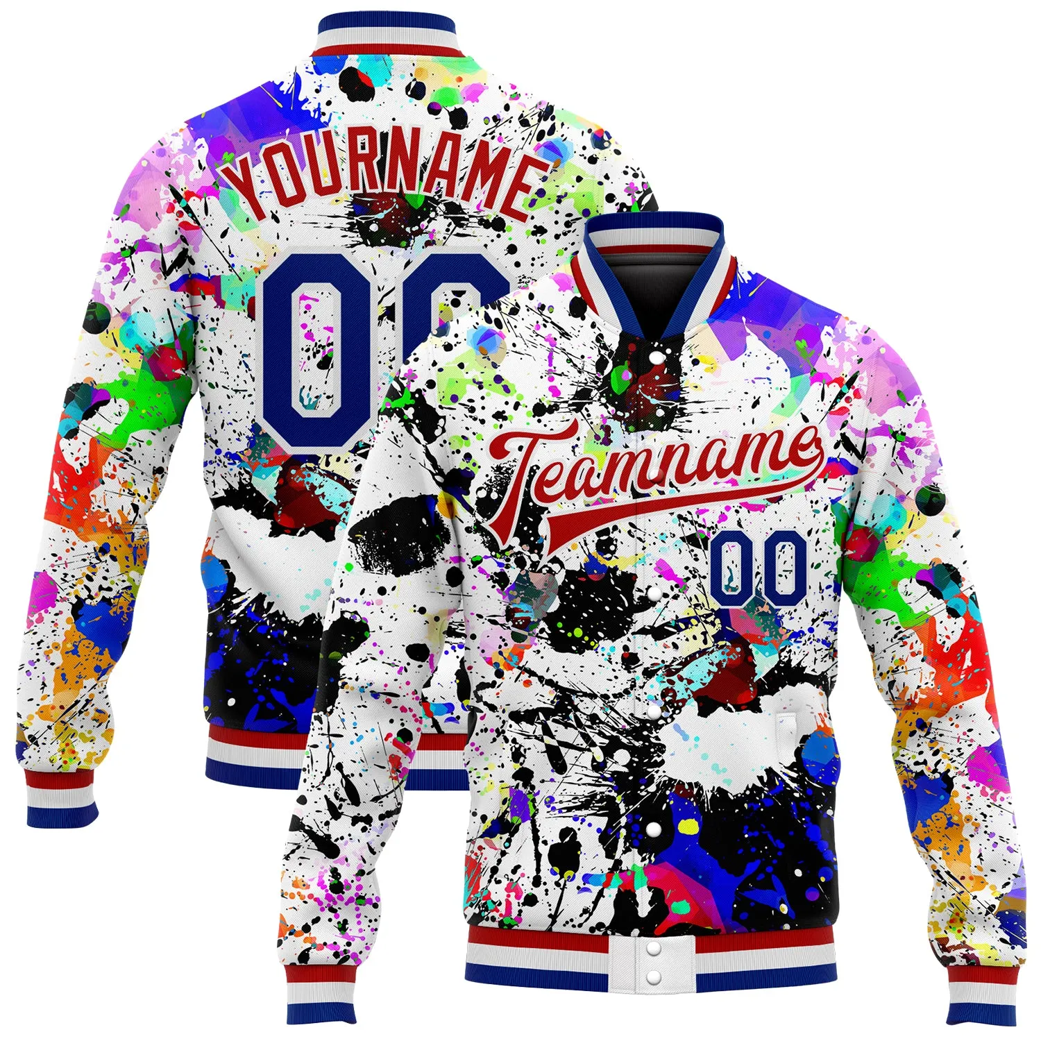 Custom Graffiti Pattern Royal-Red Splashes 3D Bomber Full-Snap Varsity Letterman Jacket