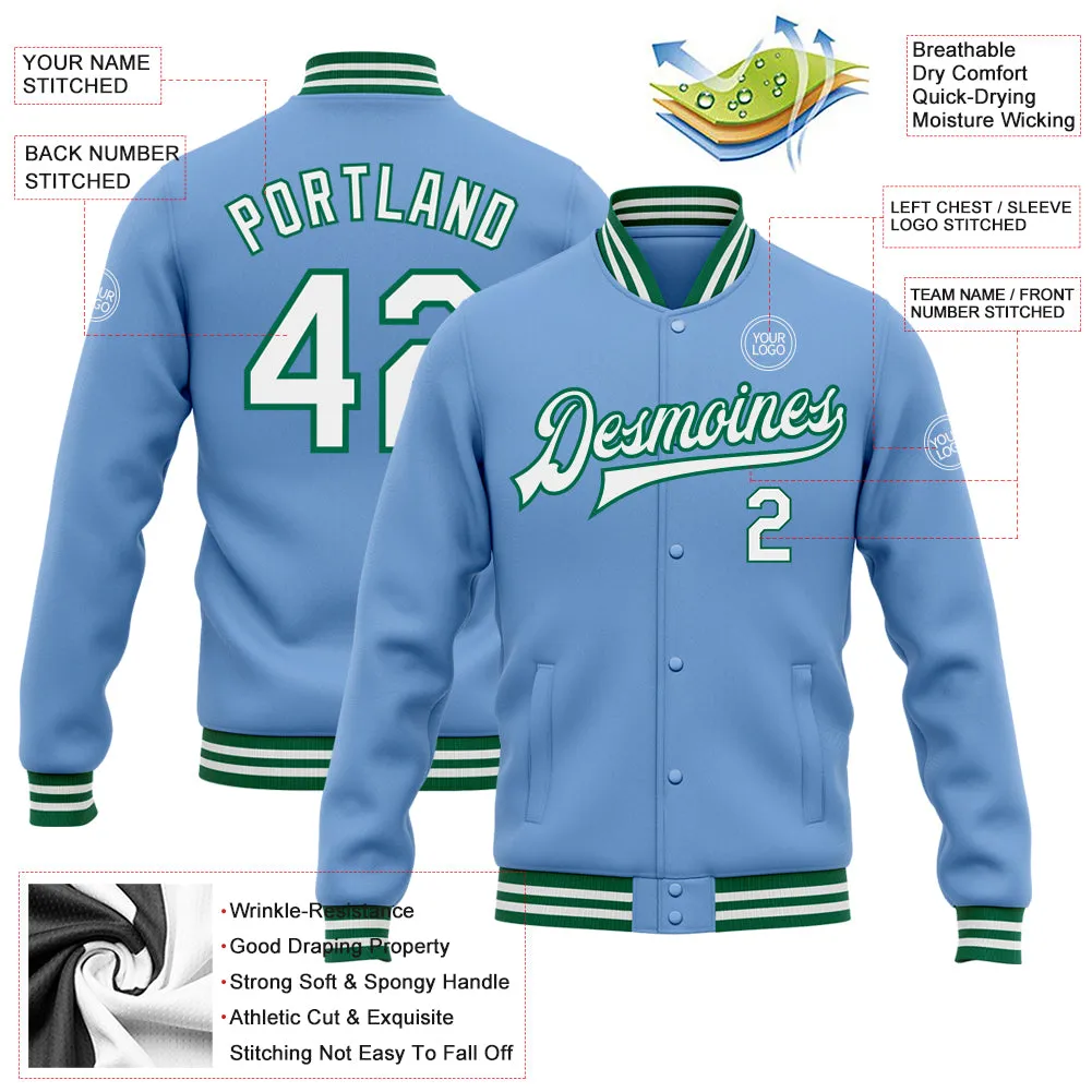 Custom Light Blue White-Kelly Green Bomber Full-Snap Varsity Letterman Jacket