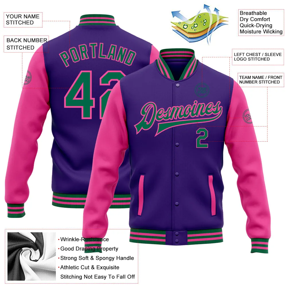 Custom Purple Kelly Green-Pink Bomber Full-Snap Varsity Letterman Two Tone Jacket