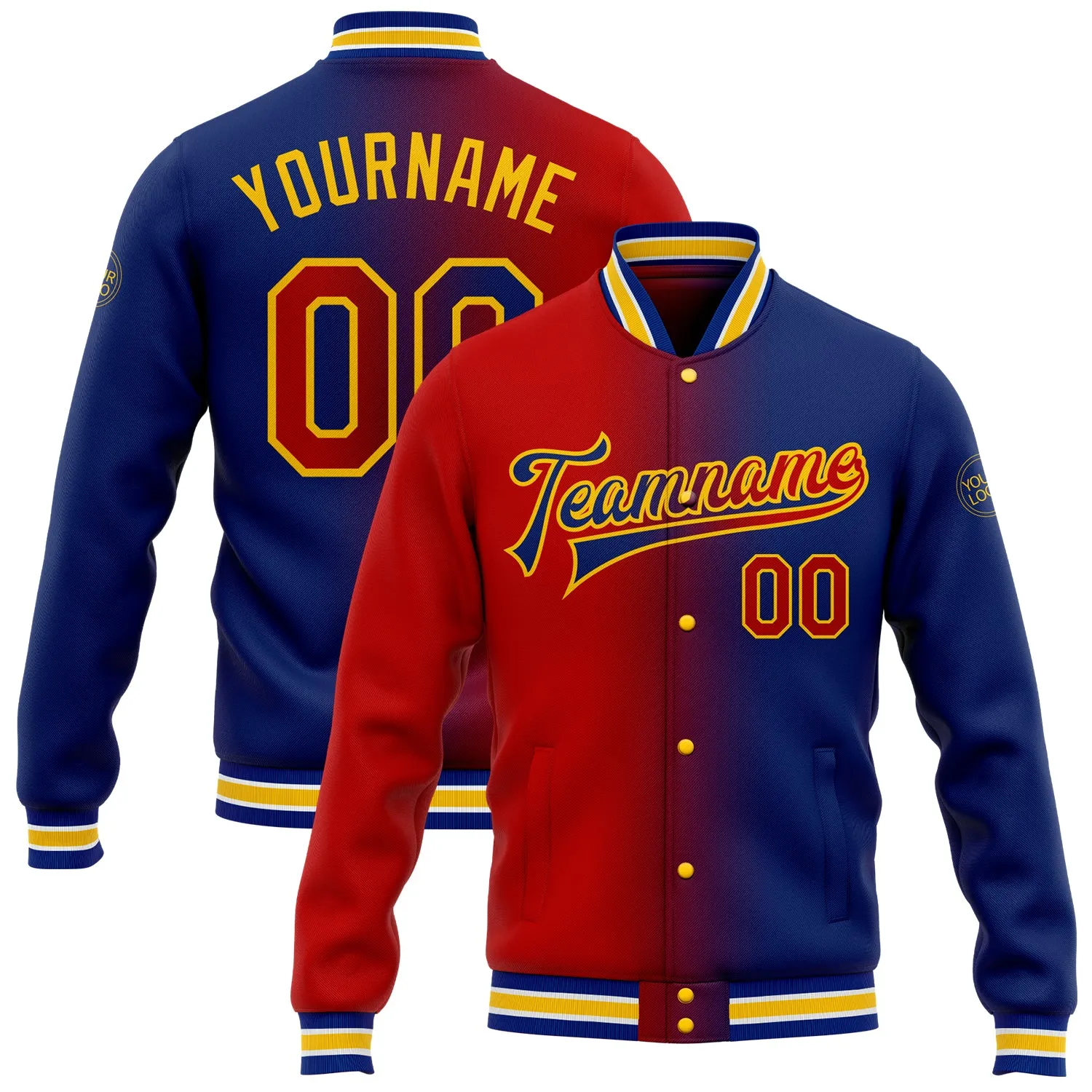 Custom Royal Red-Yellow Bomber Full-Snap Varsity Letterman Gradient Fashion Jacket