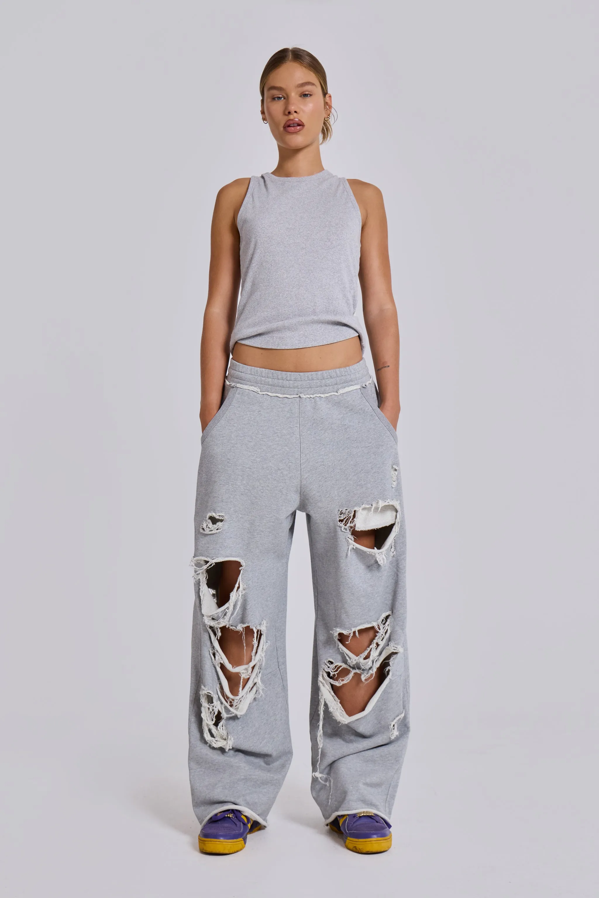 Distressed Grey Marl Baggy Monster Joggers