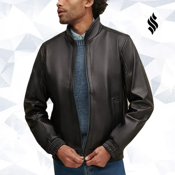 Elasticated Self Band Leather Bomber Jacket