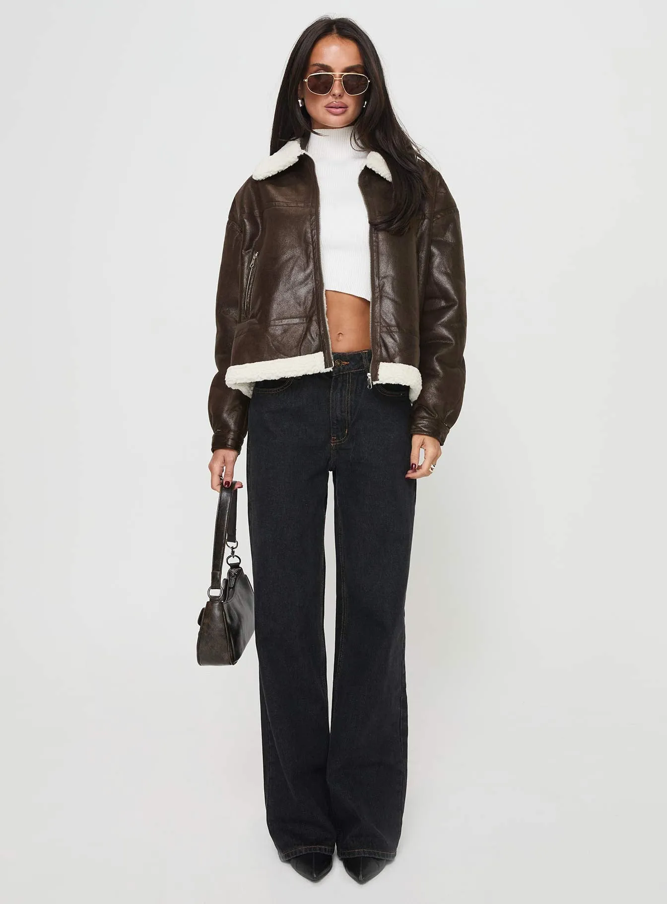 Fashionkova Solara Faux Leather Shearling Jacket Chocolate