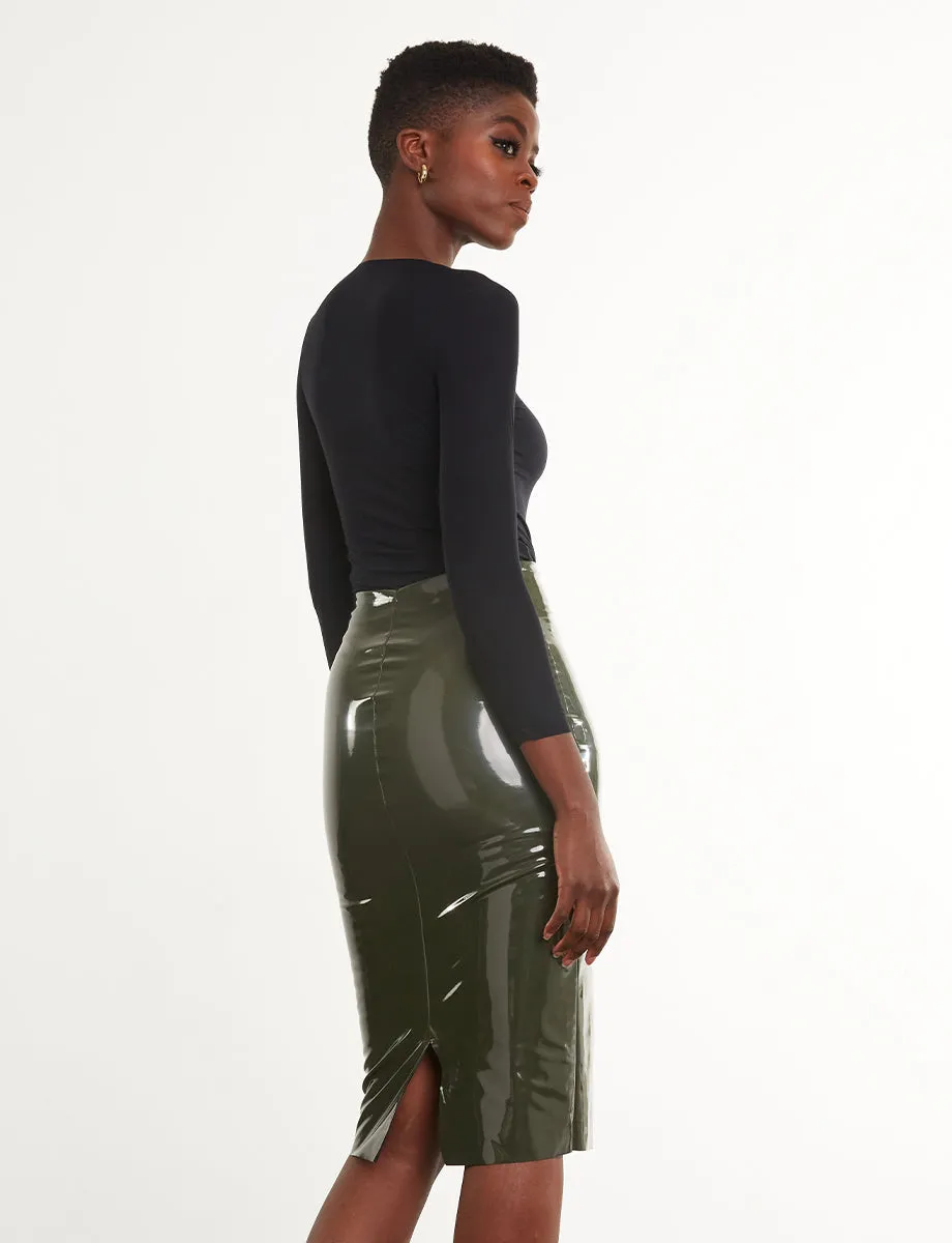 Faux Patent Leather Midi Skirt in Olive