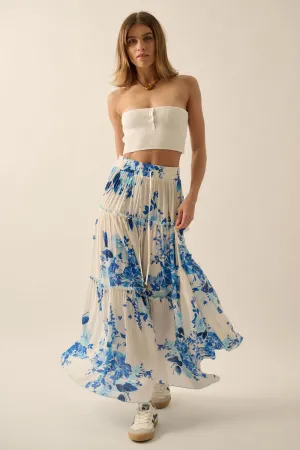 Floral Print Tiered Ruffle Drawstring Maxi Skirt