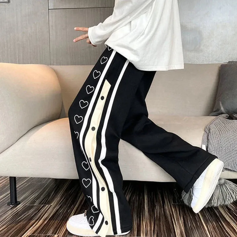 Girlary Harajuku Love Print Side Split Women Wide Leg Pants Bf Oversized Loose Streetwear Straight Trousers Casual All Match Sweatpants