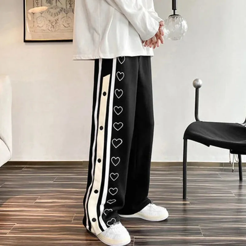 Girlary Harajuku Love Print Side Split Women Wide Leg Pants Bf Oversized Loose Streetwear Straight Trousers Casual All Match Sweatpants