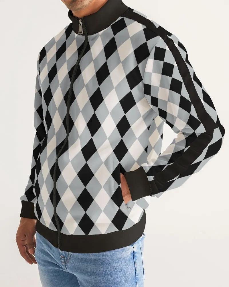 Harlequin Check Concrete Black and White Men's Stripe-Sleeve Track Jacket