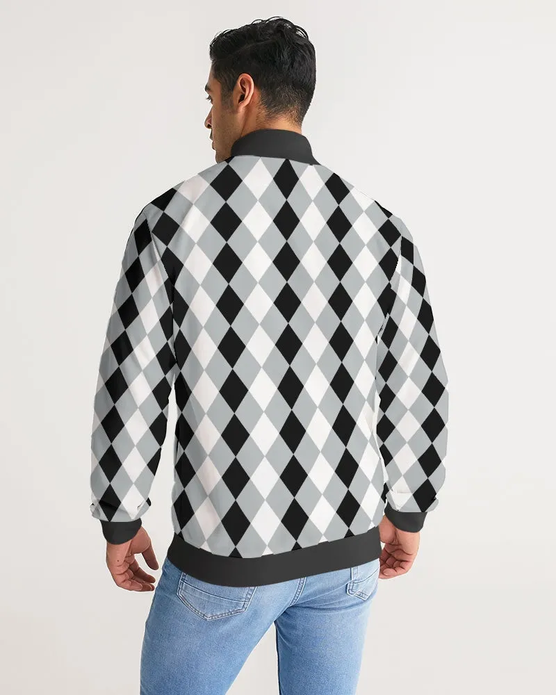 Harlequin Check Concrete Black and White Men's Stripe-Sleeve Track Jacket