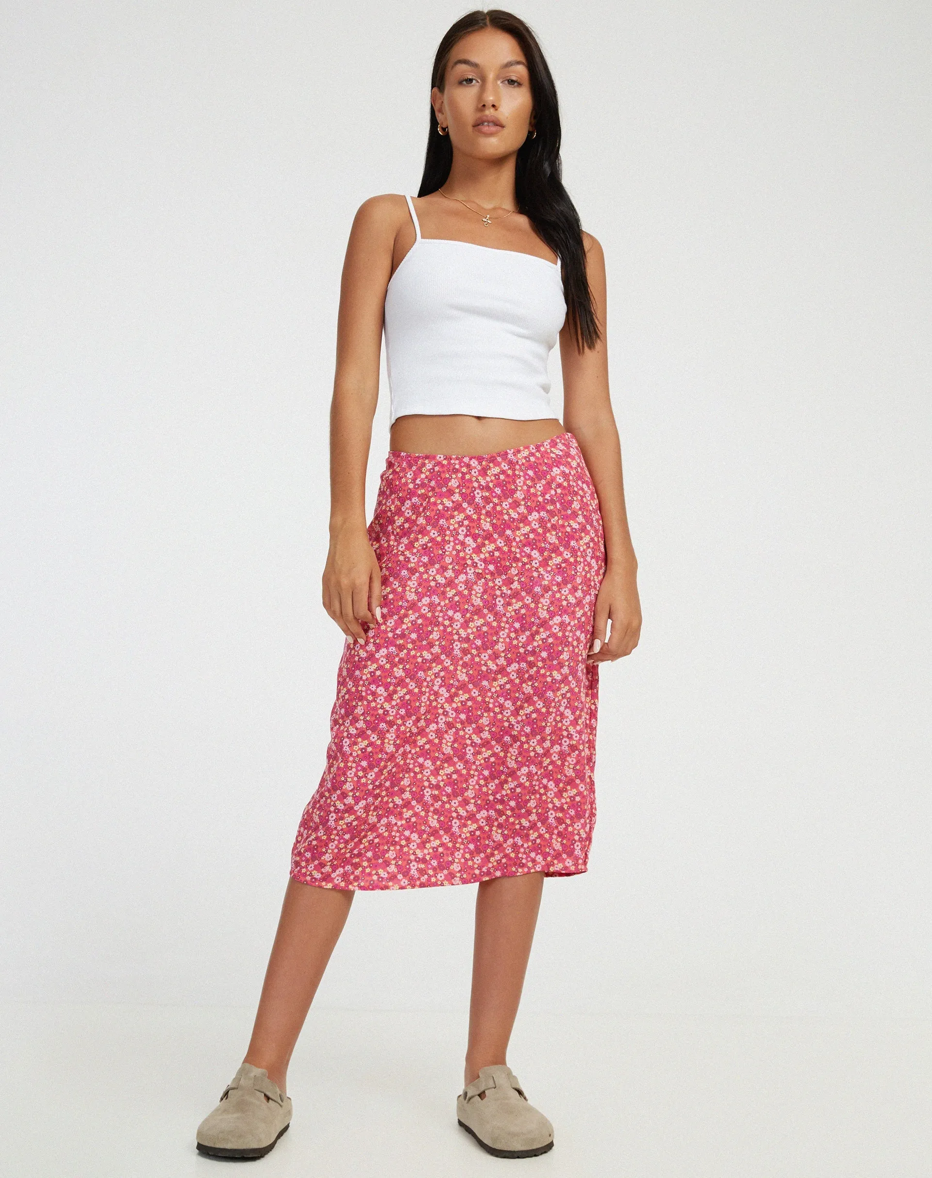 Harriet Midi Skirt in Ditsy Floral Pink